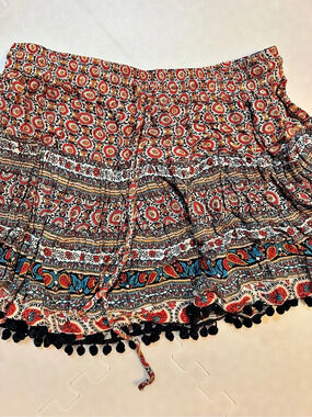 PATRONS OF PEACE Printed Pom-Pom Hem High Waist Skirt L